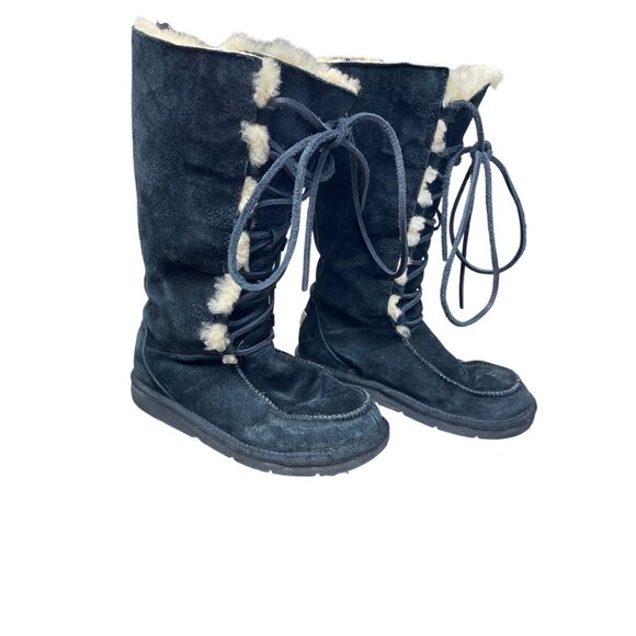 Ugg womans Black leather sheepskin lined Midcalf Winter Boots Sz 6 SKU 9533 - Picture 4 of 16